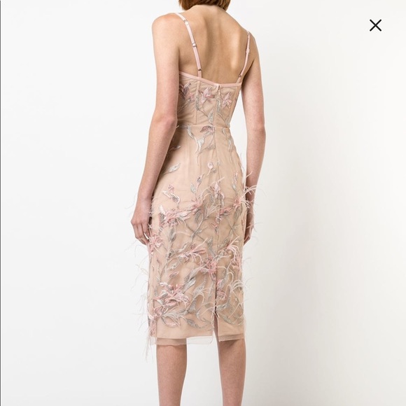 MARCHESA NOTTE
Ostrich Feather Trim Embroidered Corset Dress In Pink - Picture 4 of 5